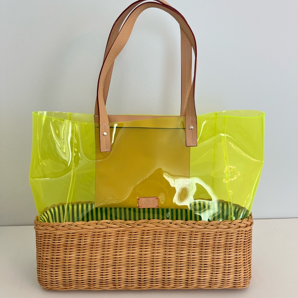 Frances Valentine Neon Yellow Vinyl and Wicker Woven Beach Tote